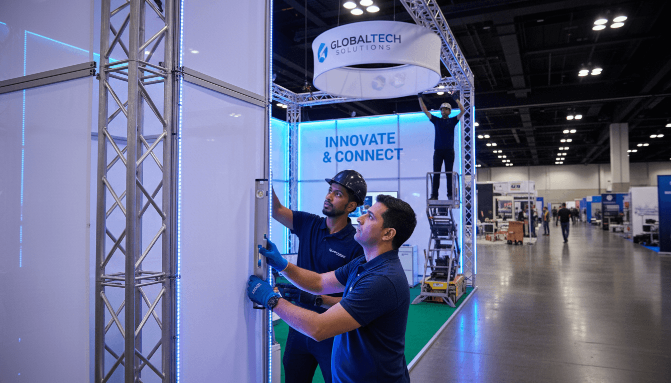 Installation crew setting up booth at venue