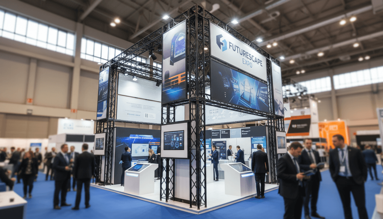 Modern professional trade show booth with clean white and black design displayed in exhibition hall