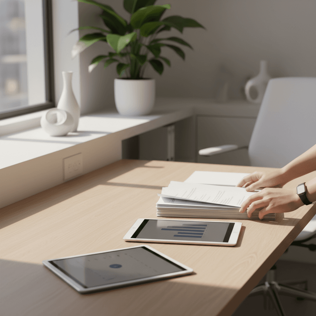 Project manager overseeing booth details with renderings and timeline documentation