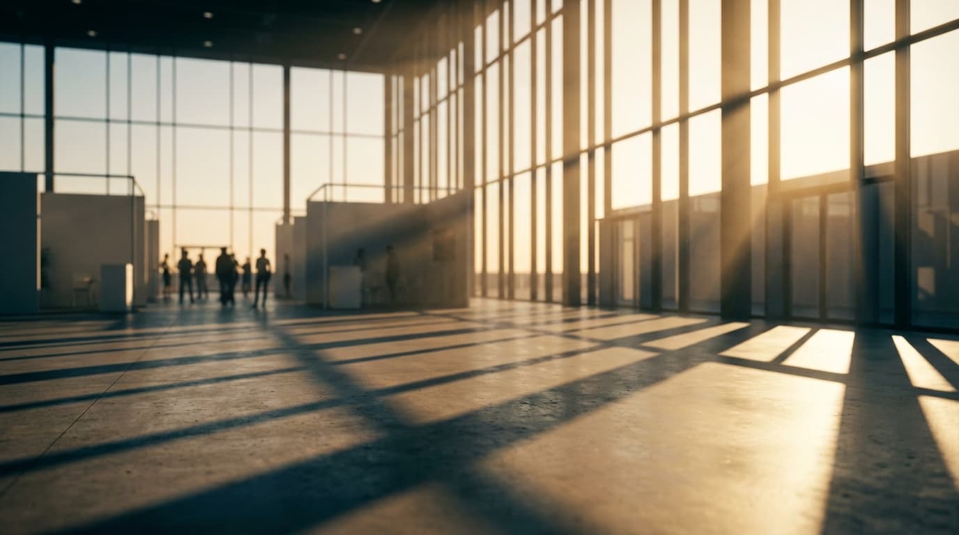 Modern white trade show booth with integrated LED lighting