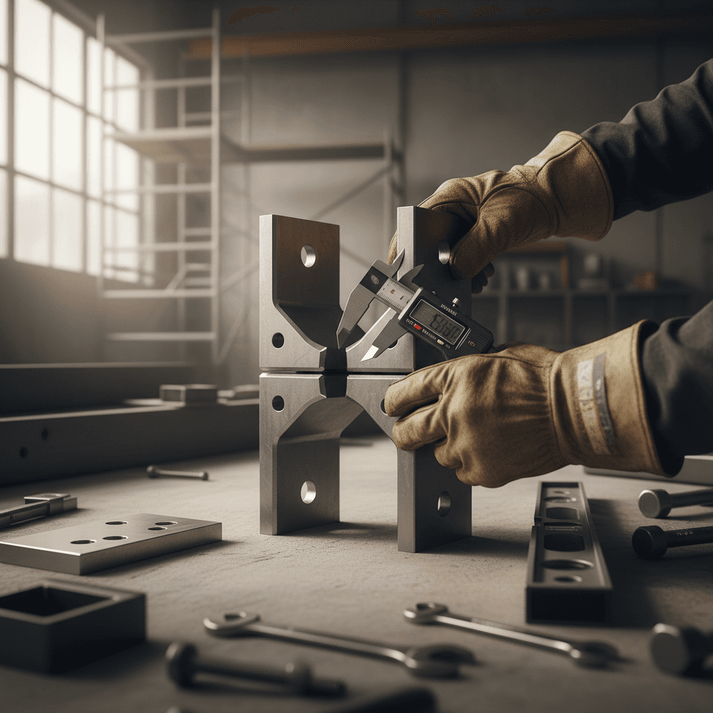 Skilled fabricator inspecting quality welding on booth structure