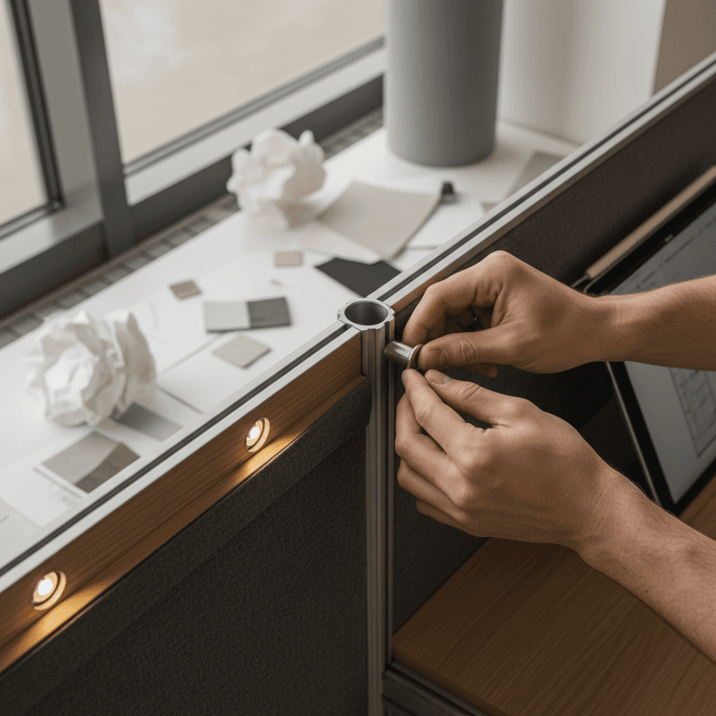 Installation team positioning custom booth components on trade show floor