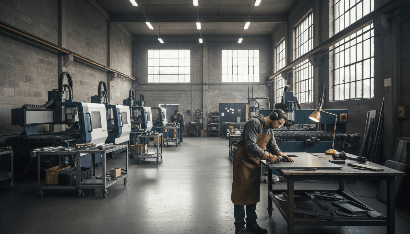 Trade show booth fabrication specialist inspecting custom booth structure in manufacturing workshop